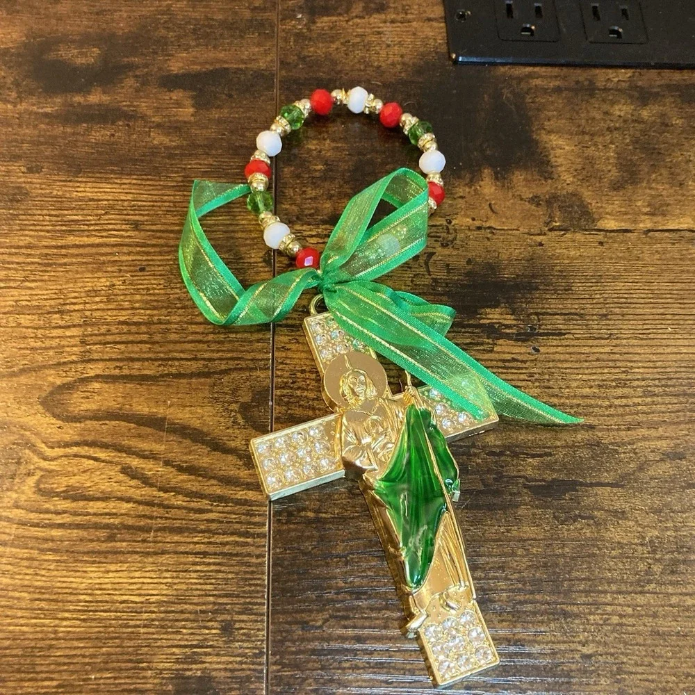 St Jude Rhinestone Cross Wall Hanging Green Red White Beaded Religious Decor